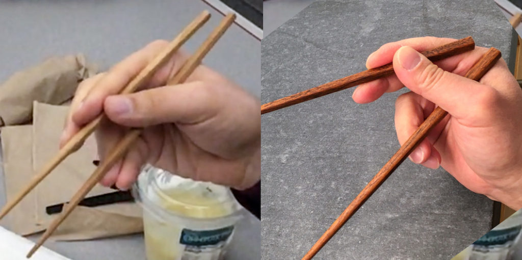 Chopsticks Marcosticks - Comparing the alternative "Pulp-first" Grip to the Standard Grip - showing the open posture