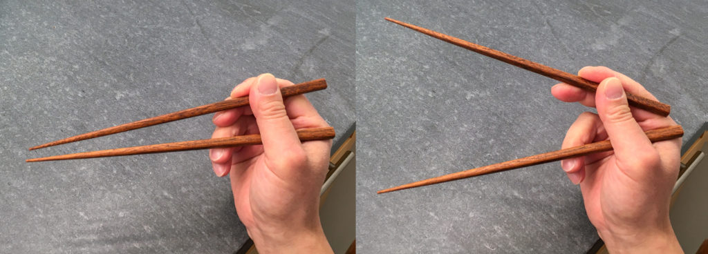 Chopsticks Marcosticks - The closed posture and the open posture of the standard grip, capping the two ends of a range of finger motions involved in manipulating marcosticks.
