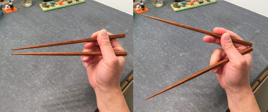 Chopsticks Marcosticks - The closed posture and the wide-open posture of the standard grip, capping the two ends of a range of finger motions involved in manipulating marcosticks.