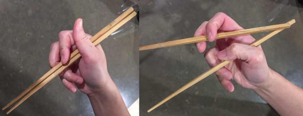 The closed posture and the open posture of the alternative "Chicken Claws" grip (a variant of the "Idling Thumb" grip), capping the two ends of a range of finger motions involved in manipulating chopsticks.