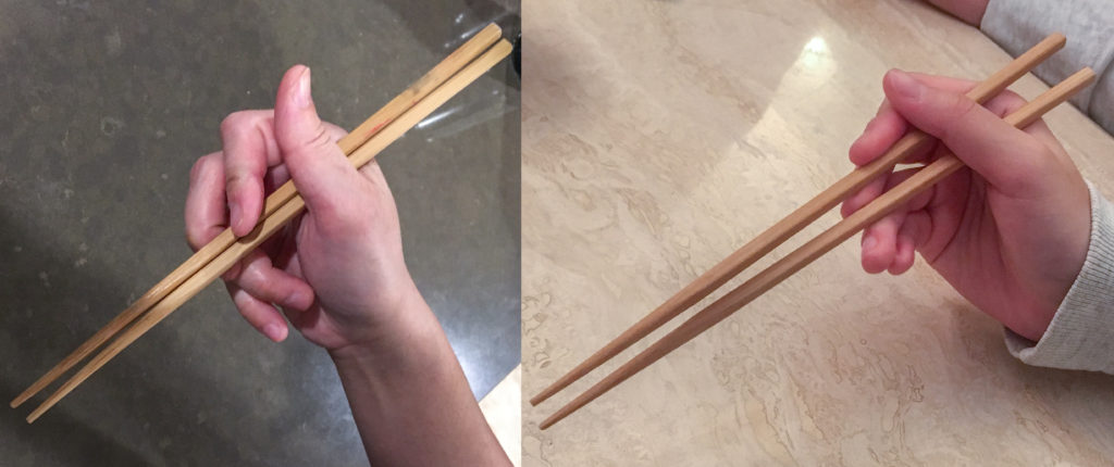 Chopsticks Marcosticks - Comparing the "Chicken Claws" grip to the "Idling Thumb" grip - showing the closed posture