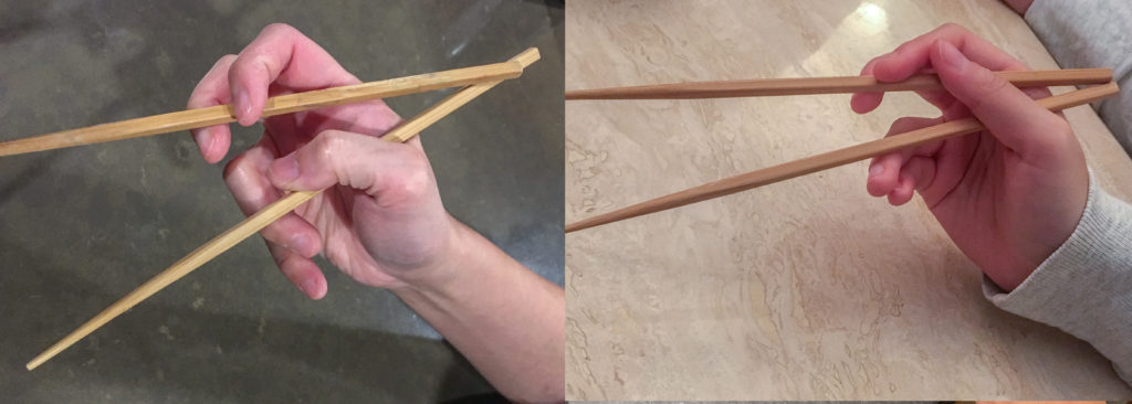 Chopsticks Marcosticks - Comparing the "Chicken Claws" grip to the "Idling Thumb" grip - showing the open posture