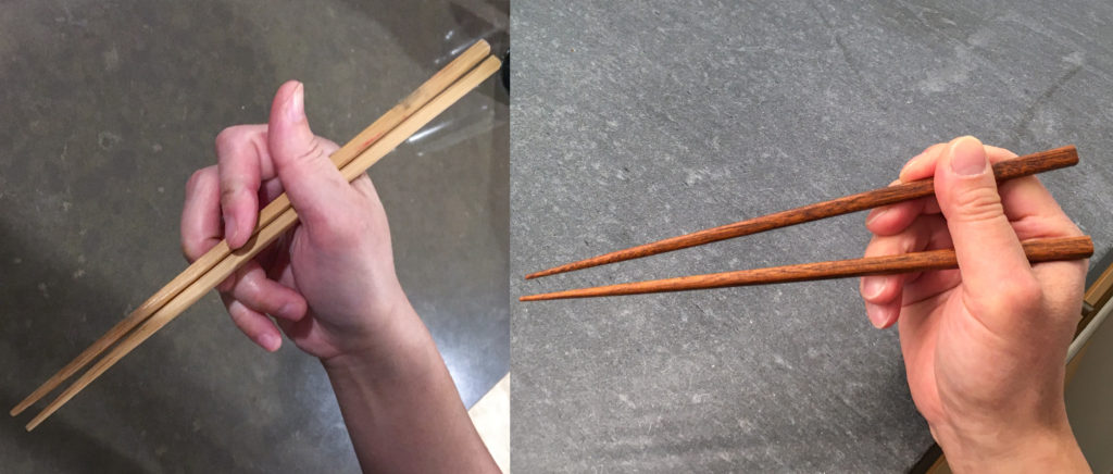 Chopsticks Marcosticks - Comparing the alternative "Chicken Claws" grip (a variant of the "Idling Thumb" grip) to the Standard Grip - showing the closed posture