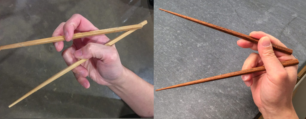 Chopsticks Marcosticks - Comparing the alternative "Chicken Claws" grip (a variant of the "Idling Thumb" grip) to the Standard Grip - showing the open posture