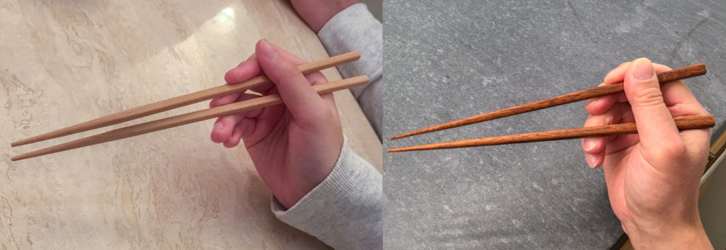 Chopsticks Marcosticks - Comparing the alternative "Idling Thumb" grip to the Standard Grip - showing the closed posture