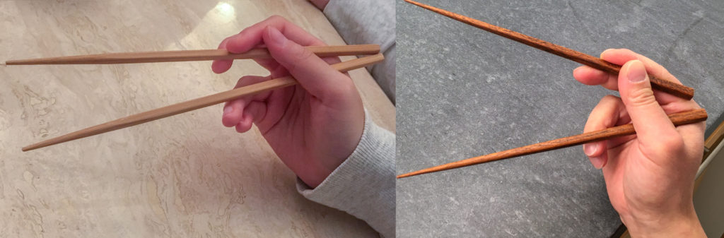 Chopsticks Marcosticks - Comparing the alternative "Idling Thumb" grip to the Standard Grip - showing the open posture