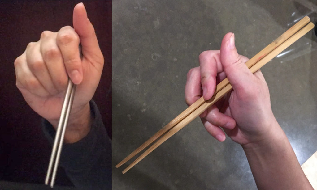 Chopsticks Marcosticks - User 8-Dangling Stick Grip vs Chicken Claws Grip-Closed posture with chopsticks-IMG_8415_IMG_6885_FRD