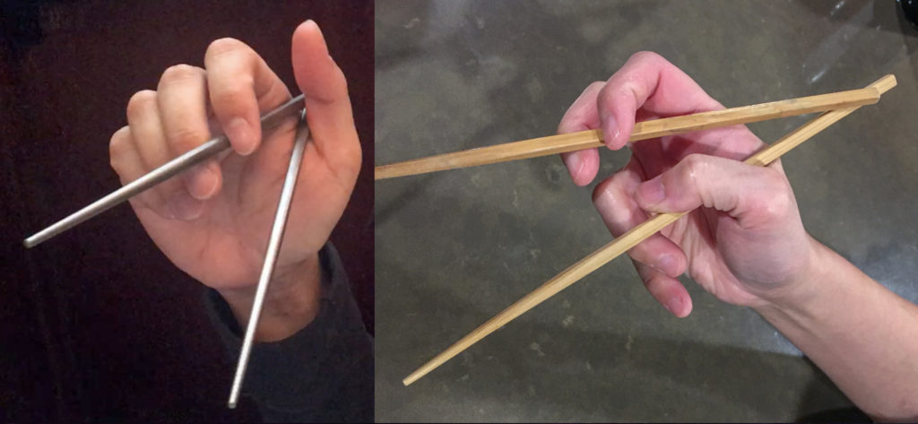 Chopsticks Marcosticks - User 8-Dangling Stick Grip vs Chicken Claws Grip-Open posture with chopsticks-IMG_8415_IMG_6882_FRD