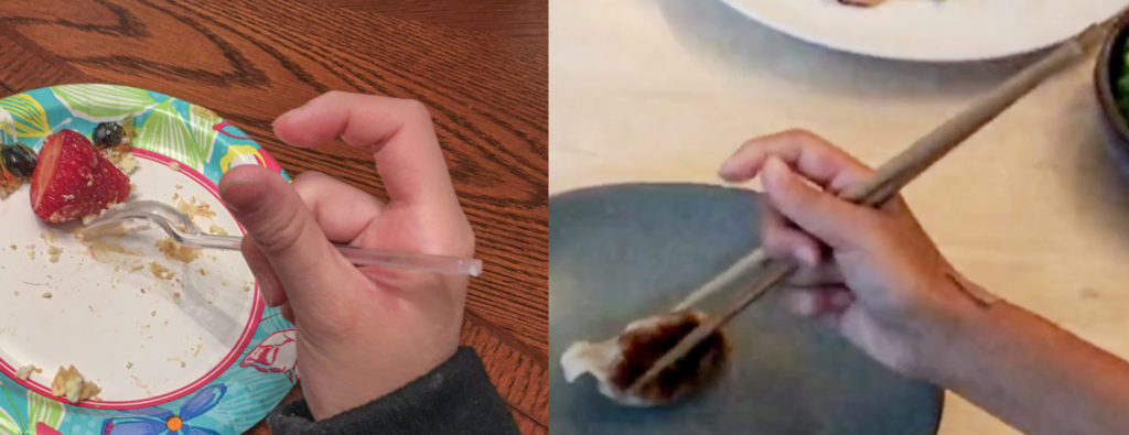 Marcosticks - Pen n chopsticks - Comparison - Dino Claws grip - User11 - fork vs marcosticks - upper rear view - IMG_8432_IMG_3737
