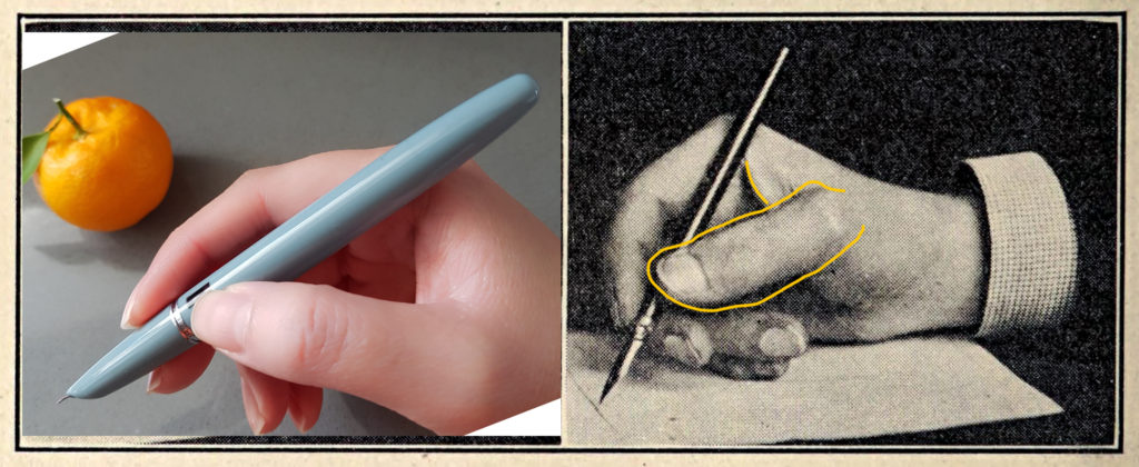 Marcosticks - Pen n chopsticks - Variants of tripod pen grip - 2 Spencerian grip - from Caswell system - Railroadfistorca00casw_0022_Wikimedia_lesserweevils_155149