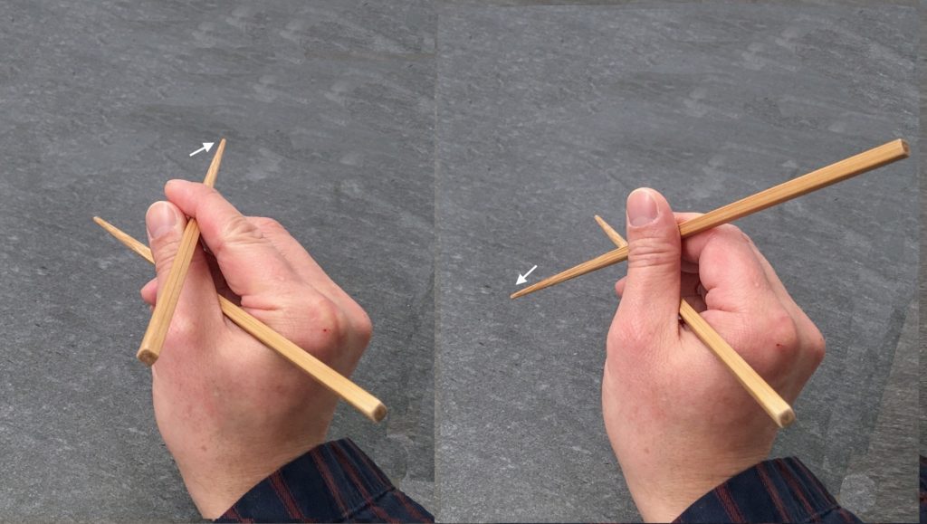 Marcosticks - What is crossedness? Are these two grips both crossed? Or is one a parallel type? Rear view of a mid-chopsticks Standard Grip with two variations: swinging the tip of the top marcostick up and right, and down and left.