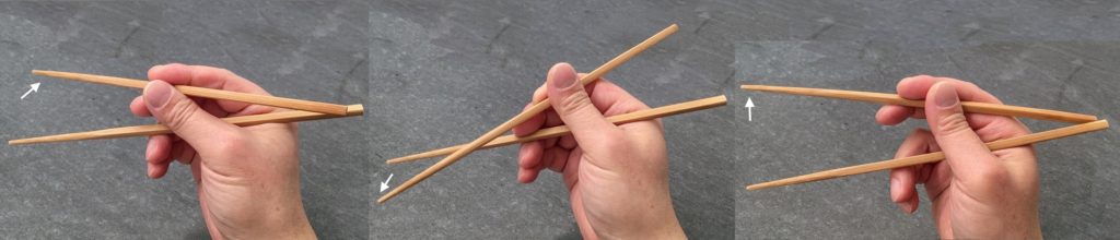 Marcosticks - What is crossedness? Are these two grips both crossed? Or is one a parallel type? Side view of a mid-chopsticks Standard Grip with three variations: swinging the tip of the top marcostick up and right, and down and left, and finally, only upright up.