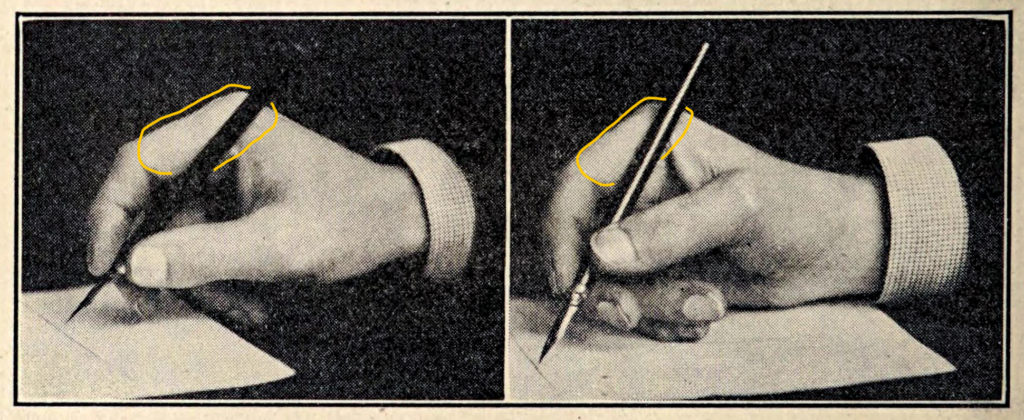 Tripod hold on a pen - The railroad fist or the Caswell system - Railroadfistorca00casw_0022_Wikimedia - annotated base of index finger where the pen rests