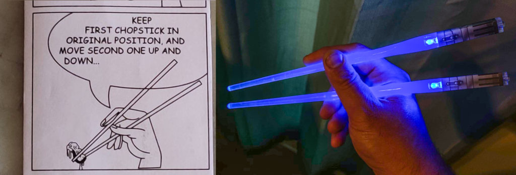 Marcosticks - Chopstick wrapper instructions showing Righthand Rule grip (u/Spock_Vulcan) - compared to actual grip by User25 Lightsaber chopsticks - u_just45un