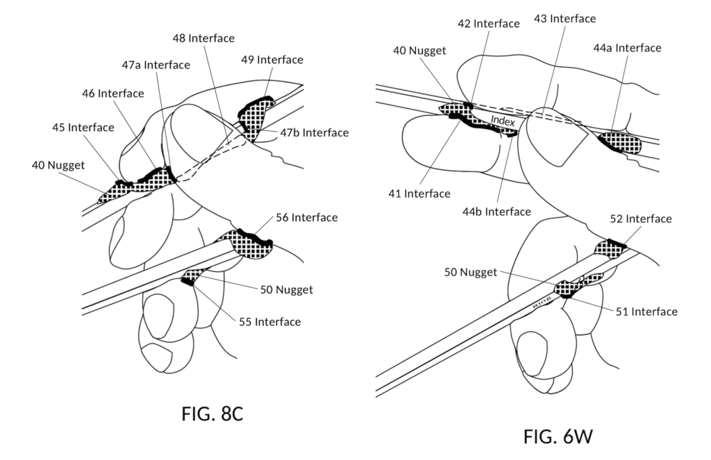 Ergonomic Chopsticks Utility Patent 2020 - Ergonomic nuggets avoid stick areas covered by twirling fingers - FIG8C and FIG6W - Closed and Open Postures