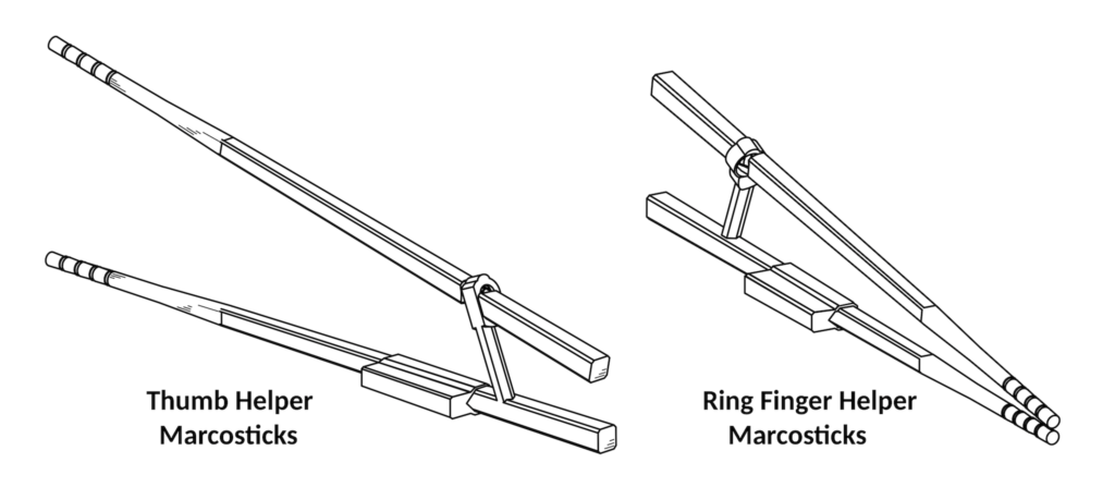Training Chopsticks Design Patent 2020: Finger helpers for thumb and for the ring finger mounted on Training Chopsticks shown in FIG. 11 and FIG. 13 - Closed and Open Postures.