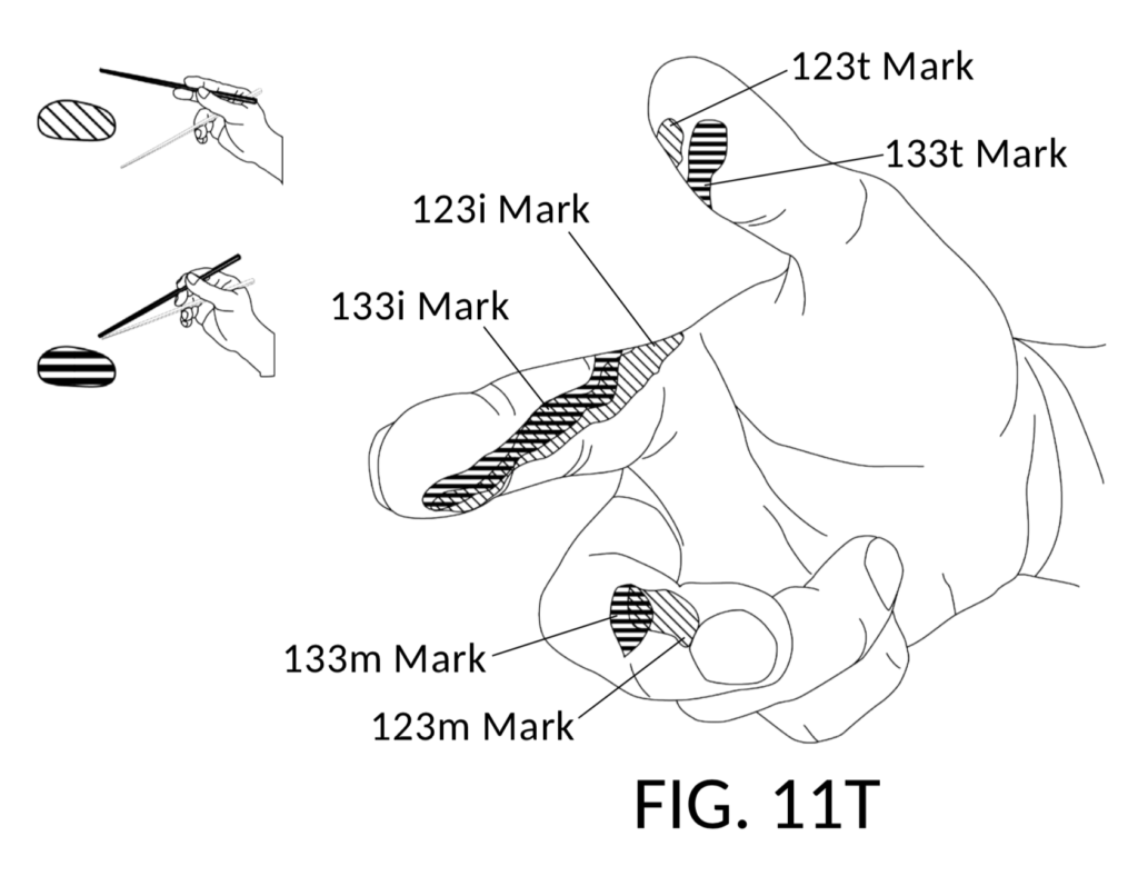 Ergonomic Chopsticks Utility Patent drawing - FIG 11T - chopstick marks left on fingers at open and closed postures
