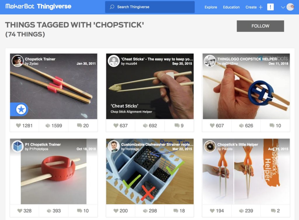First page of 3d models tagged as chopsticks on Thingiverse 2020-12