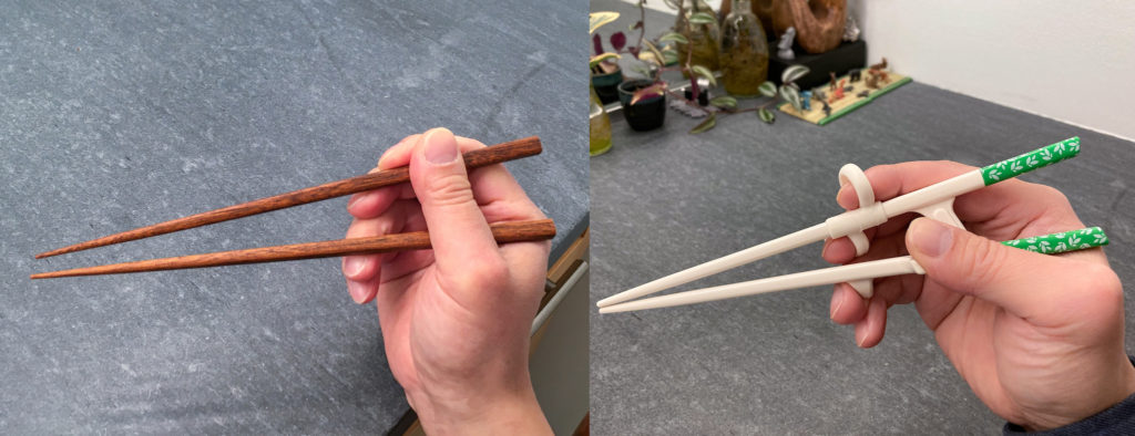 Comparing exoskeleton Edison chopsticks to plain chopsticks, at the closed posture