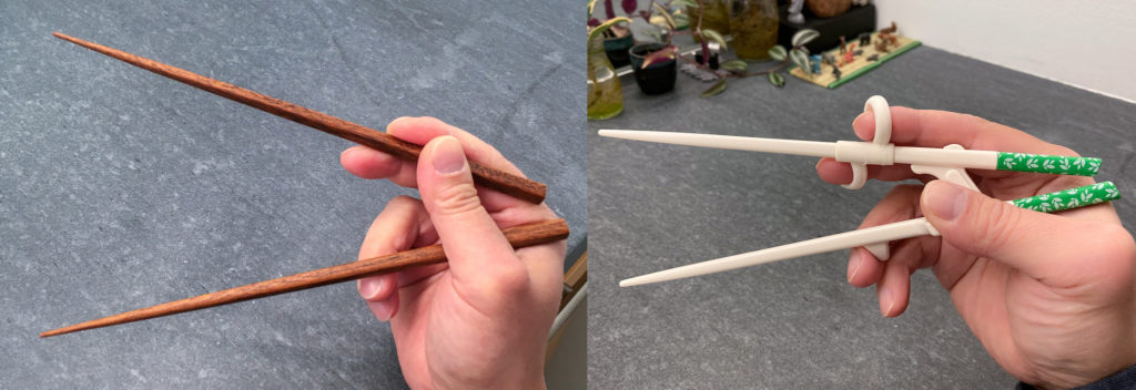 Comparing exoskeleton Edison chopsticks to plain chopsticks, at the open posture