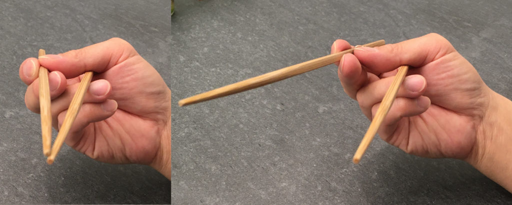 Rolling of top marcostick from the closed posture to the open posture, by the thumb and index finger