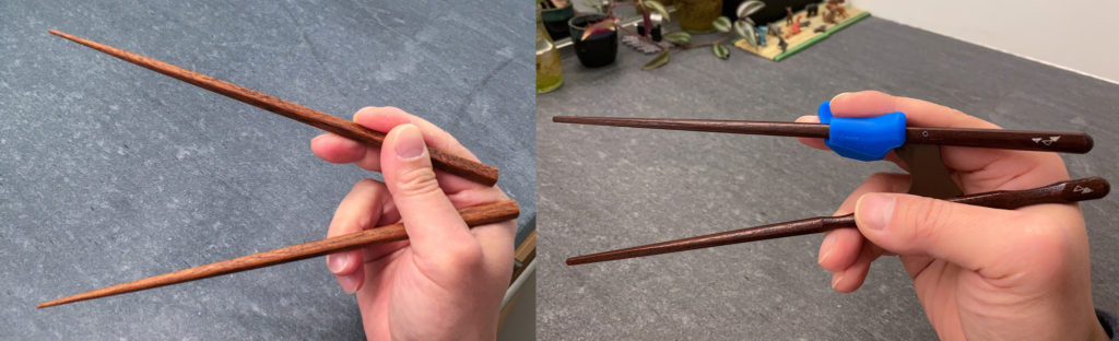 Comparing exo-placement Ishida Proper chopsticks to plain chopsticks, at the open posture