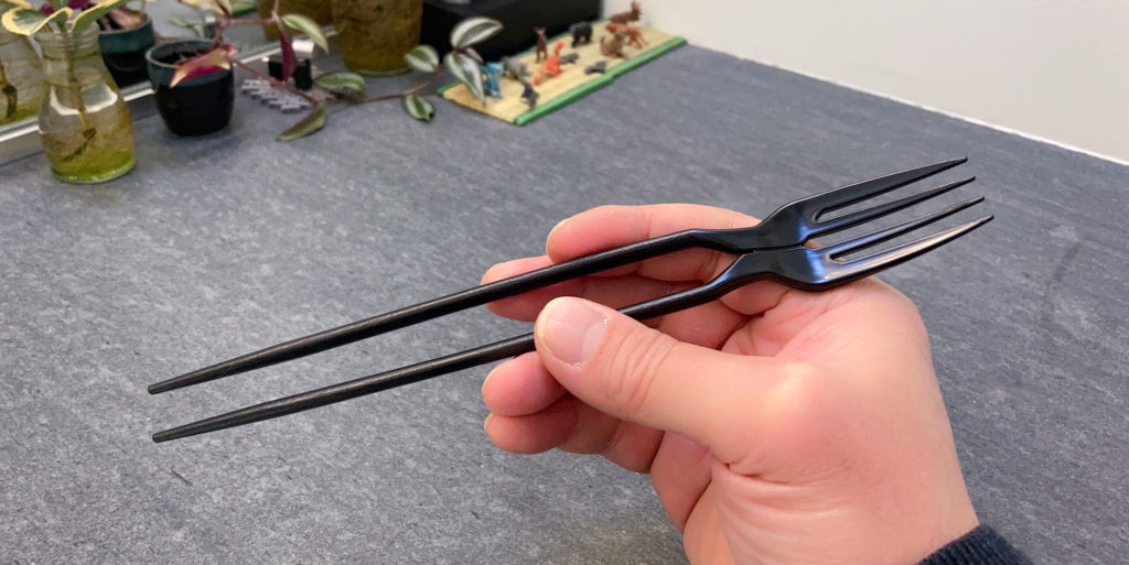 Tweezer chopsticks - The Chork - a fork that can be used as tweezers, or split into chopsticks