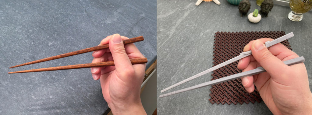 3D-printed M20 ergonomic marcosticks at the closed posture (right), compared to plain marcosticks (left)