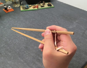 Prototype for training marcosticks with carved groove and solid copper wire as C-hook - at closed posture