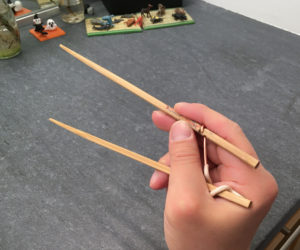 Prototype for training marcosticks with carved groove and solid copper wire as C-hook - at open posture