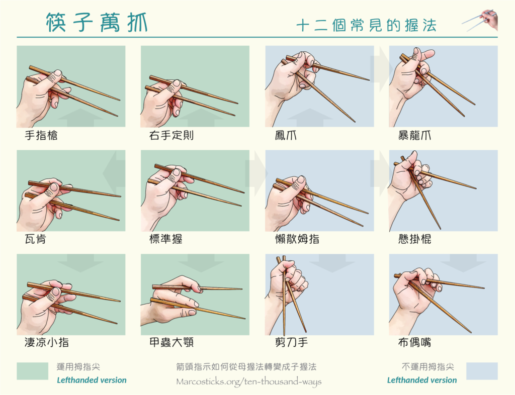 Marcosticks - Chinese - Ten thousand ways to use chopsticks - first twelve grip types - cool guide - LEFTHANDED VERSION