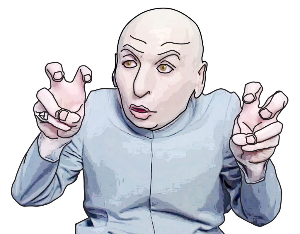 Dr Evil doing Air Quotes - Head and hands enlarged - Line drawing - Cel shading - 2pt