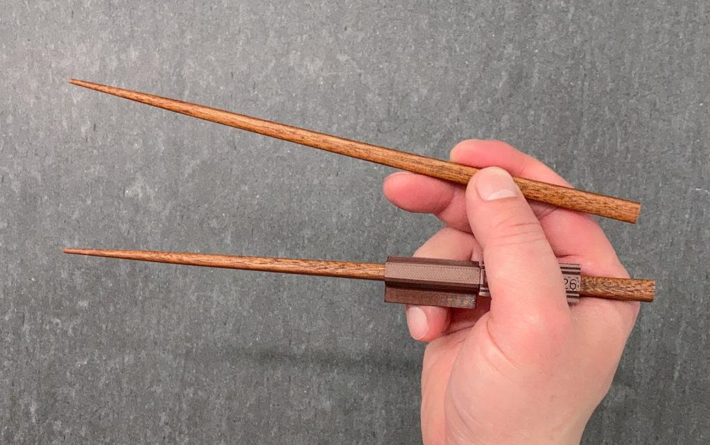model B2 Chopstick Buddies - FDM - Mystic Brown - attached to premium chopsticks