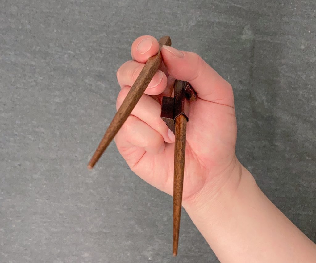 model B2 Chopstick Buddies - FDM - Mystic Brown - attached to premium chopsticks