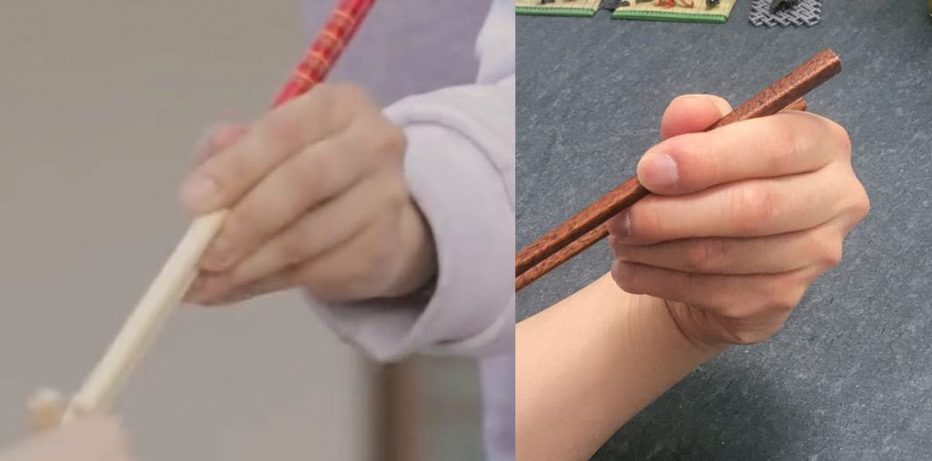 Marcosticks - Jeongyeon - between Standard Grip & Idling Thumb - Lefthanded - Closed posture compared to Standard Grip - TWICE TdoongEp6-sect1 00-41 e - IMG_8518 mirrored - chopstick grip