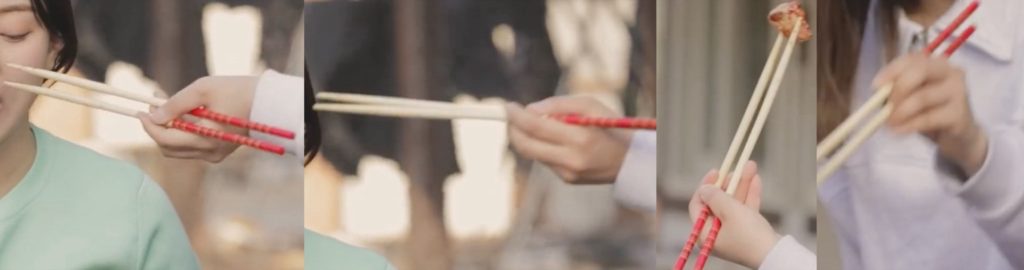 Marcosticks - Jeongyeon - between Standard Grip n Idling Thumb - Lefthanded - various perspectives - TWICE TdoongEp6-sect1 00-29 e f 00-36 a 00-41 a - chopstick grip