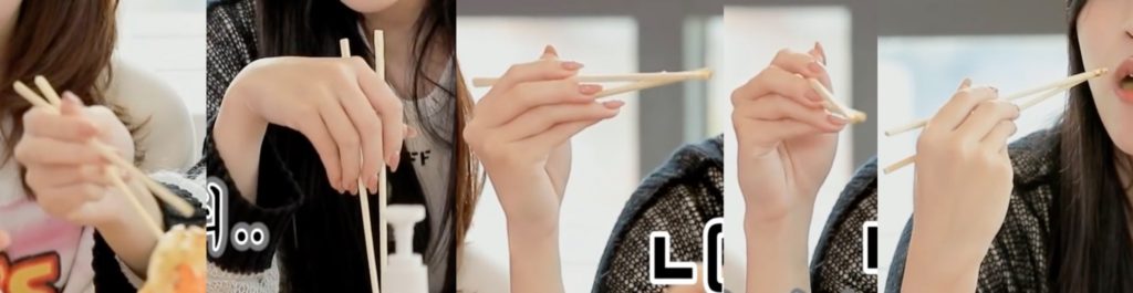 Marcosticks - Mina - Turncoat - Open and relaxed closed postures - TWICE YesNoEp2-sect1 01-07 a-00-37 b-01-21 e h-01-46 e - chopstick grip