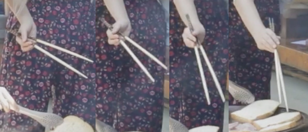 Marcosticks - Momo - Yet Unnamed - Multi angle - Open posture - rotating wrist to position chopsticks to pick up food - TWICE TdoongEp2-sect1 04-20 Momo a b c d - chopstick grip
