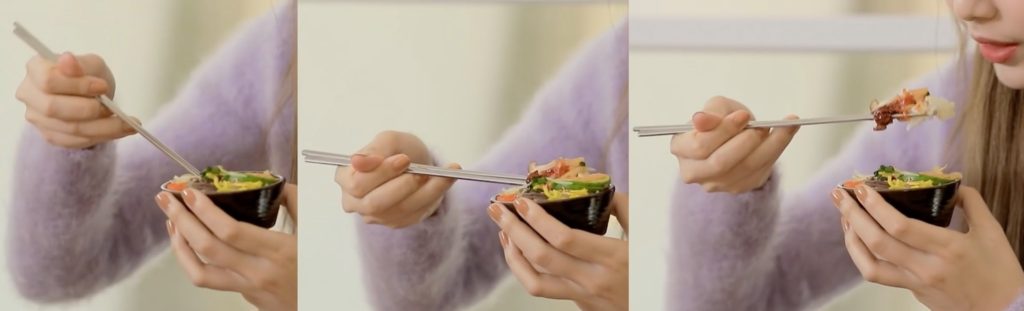 Marcosticks - Tzuyu - Double Hook - Sequence - Lifting food by wrist rotation 1 - Abutting posture - TWICE YesNoEp3-Trim 00-58 a d e - chopstick grip
