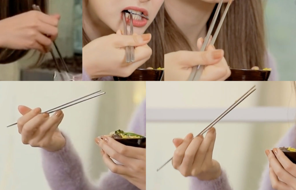 Marcosticks - Tzuyu - Double Hook.5 - Open posture from various perspectives - TWICE YesNoEp3-Trim 00-50 c-02-08 f-02-54 a-02-55 b-04-24 a - chopstick grip