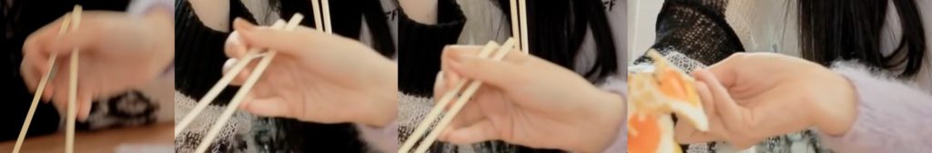 Marcosticks - Tzuyu - Idling Thumb.5 - Sequence - Picking up food from open to compression posture to wrist rotation - TWICE YesNoEp2-sect1 01-25 Tzuyu a-01-01 a b-01-07 h - chopstick grip